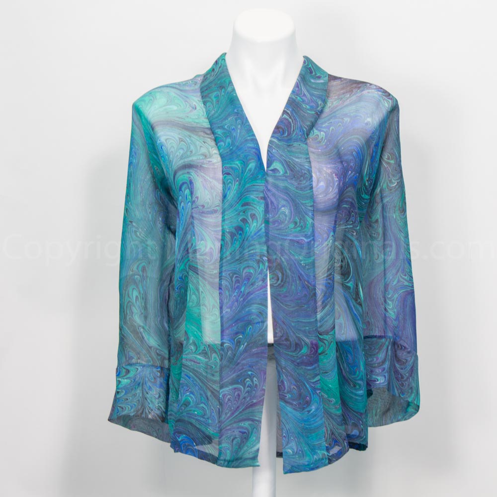 Sheer blue kimono jacket in marbled blues, teals and purples.  