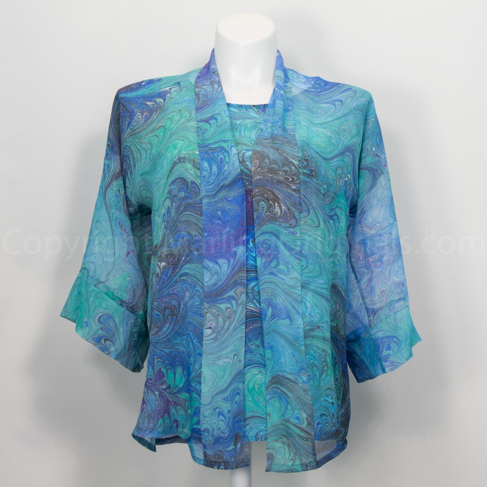 marbled blue and teal kimono style jacket shown with coordinating short sleeve shirt
