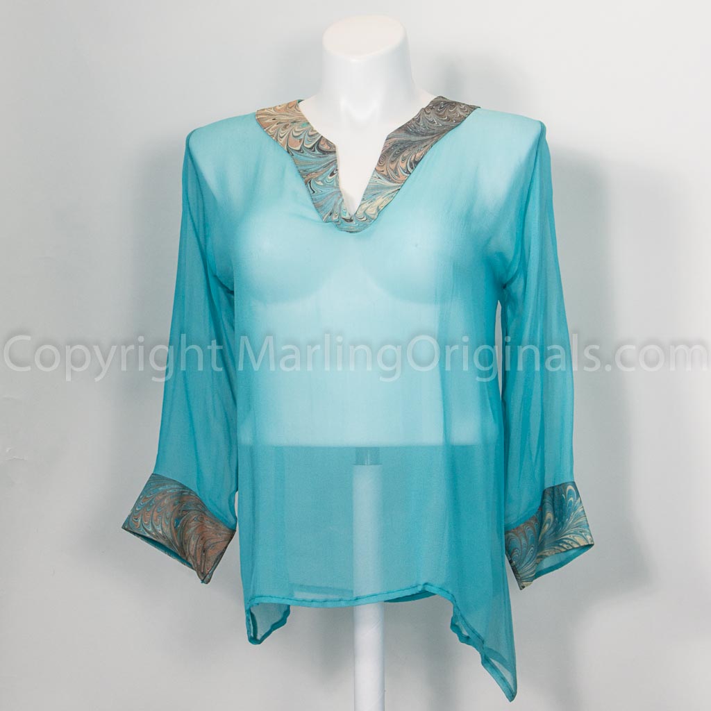 aqua sheer silk top with marbled neckline and cuff