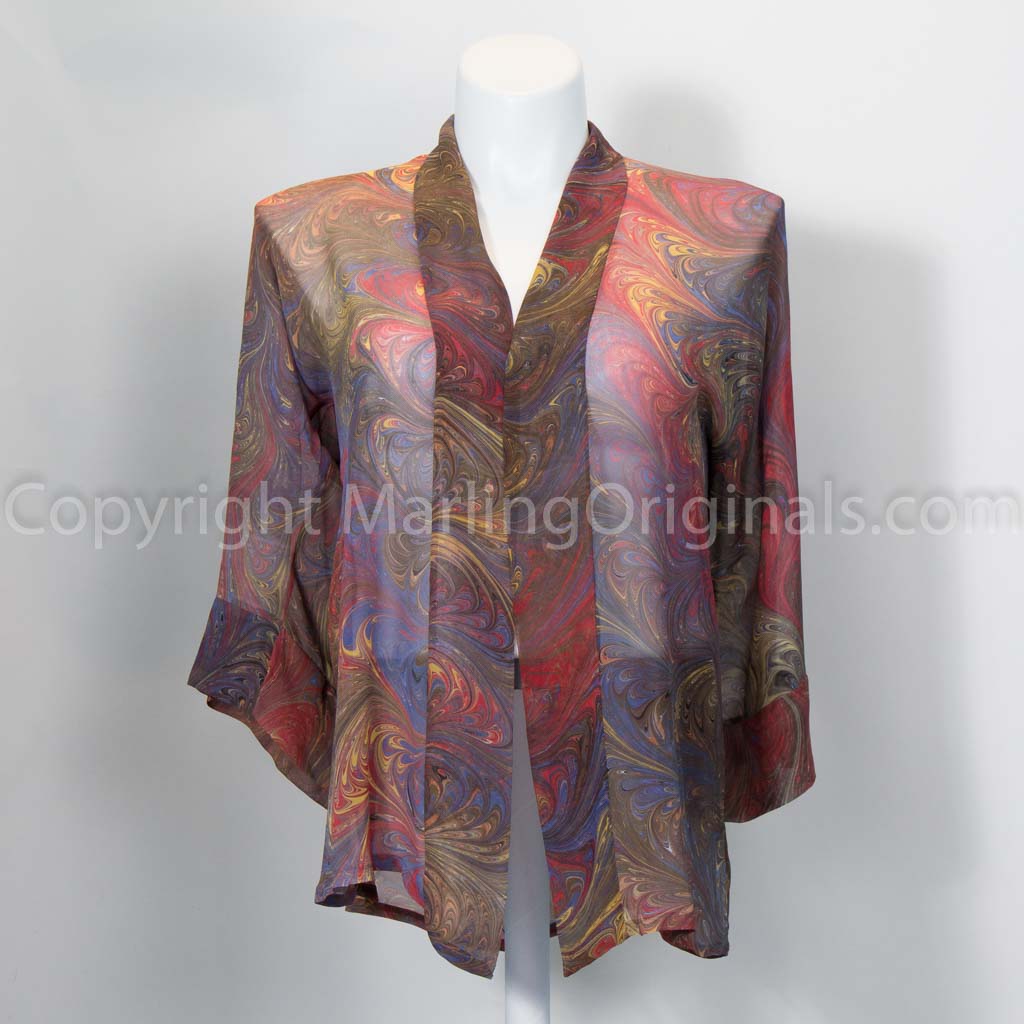 Marbled silk chiffon sheer jacket with front bands, 3/4 length sleeves.
