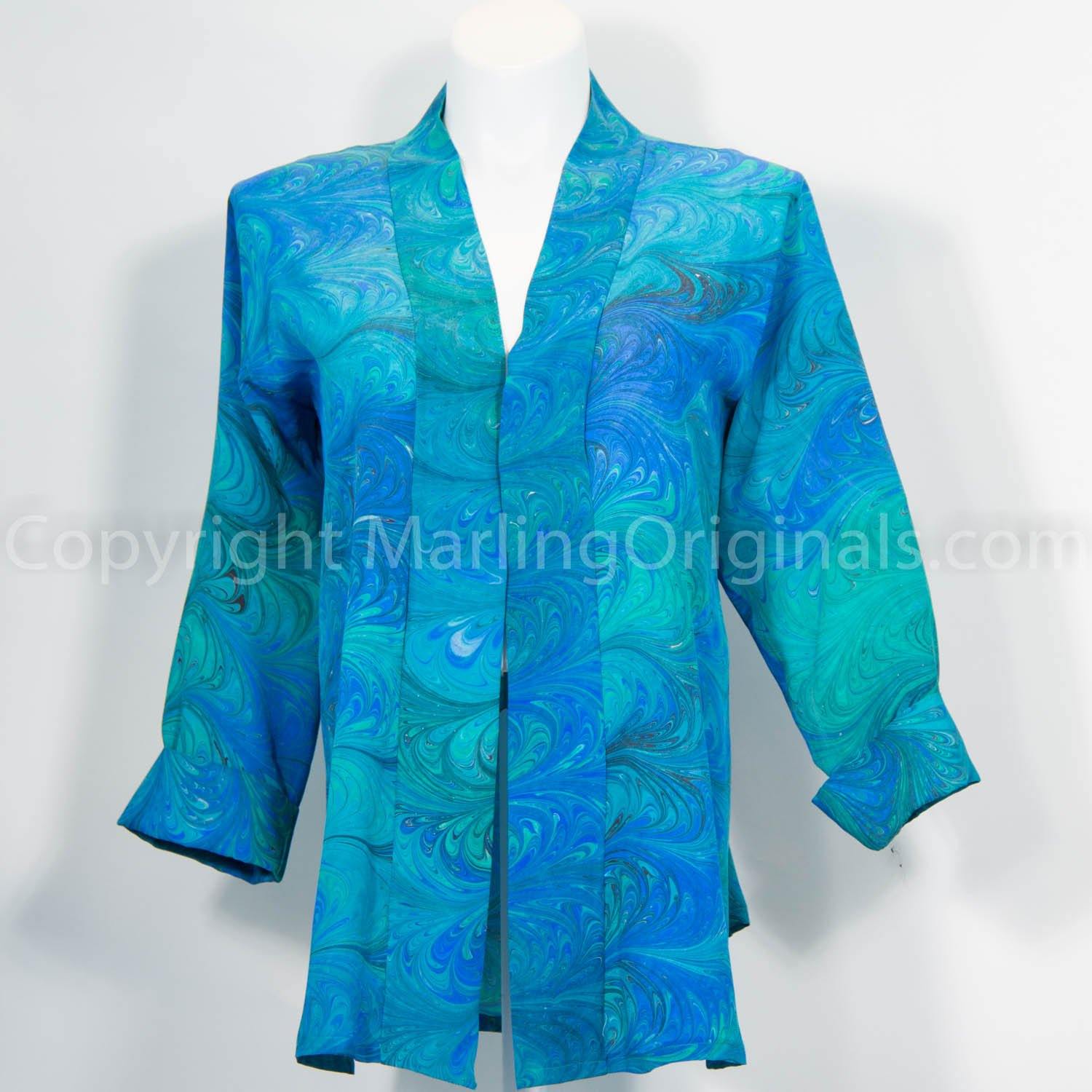 Handmarbled jacket plus size in brilliant green, blue shades. Swing style jacket, front band, cuffs