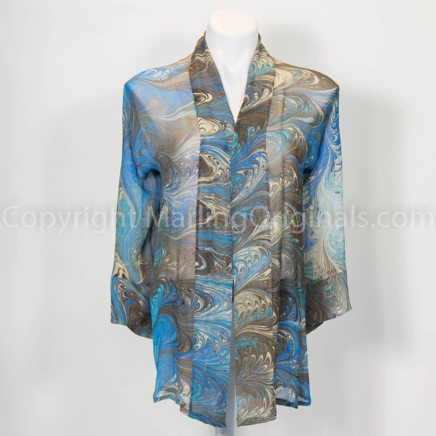 silk kimono jacket marbled in blues with brown and cream.  sheer jacket with banded front