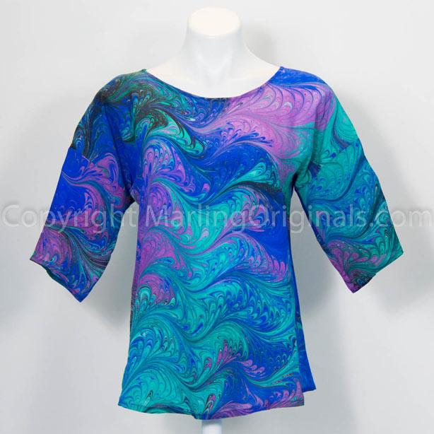 marbled blue silk top in jewel tones