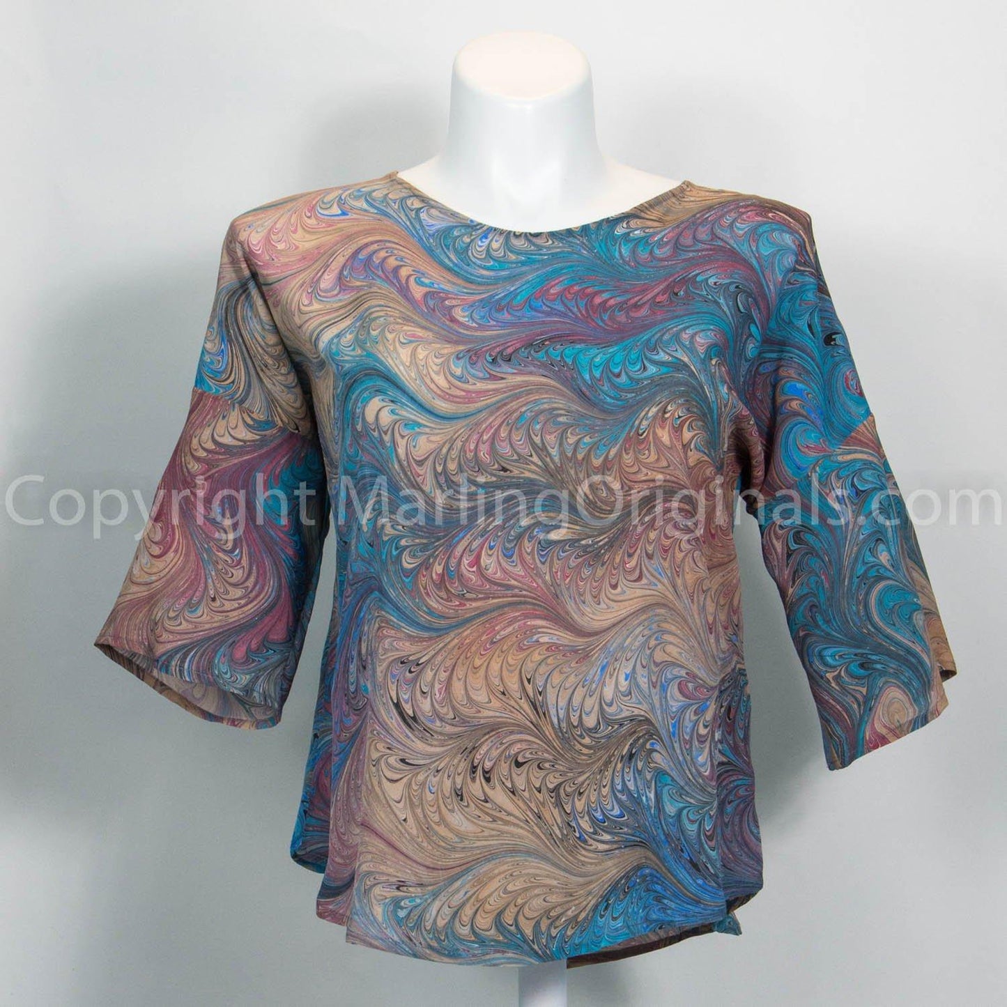 handmade silk top in rose, teal, sand and blue.  Longer sleeve, round neck, flattering cut.