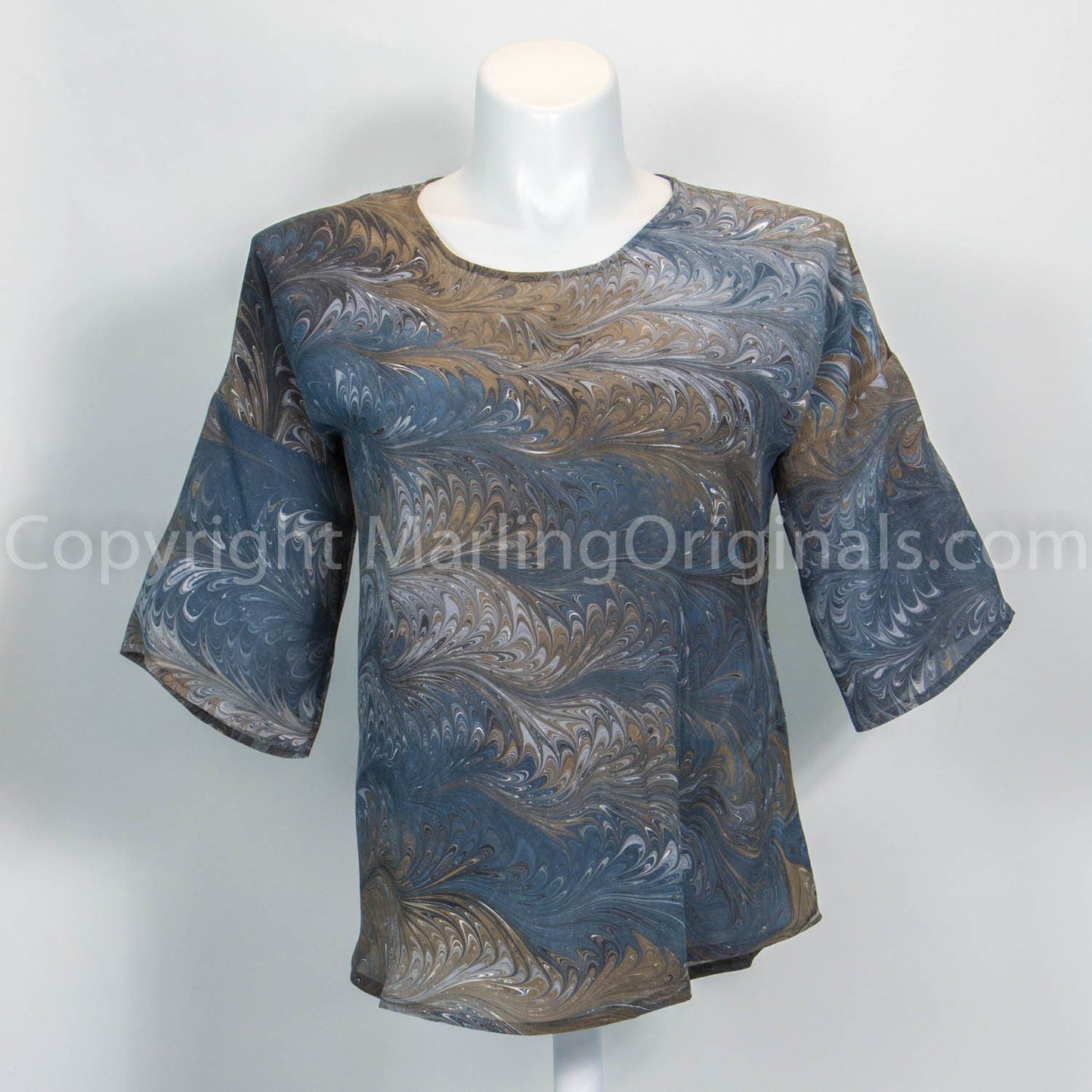 marbled grey silk top in classic style.  Beautiful feathered pattern in navy, grey, brown, black. 