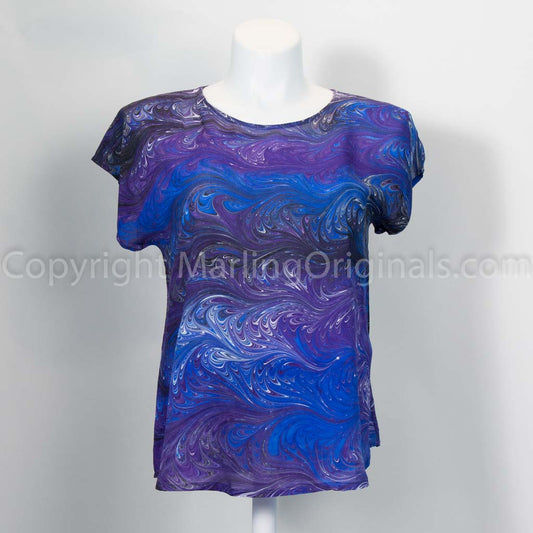 hand marbled silk top with round neck, short sleeves. Deep blue,purple,black,white