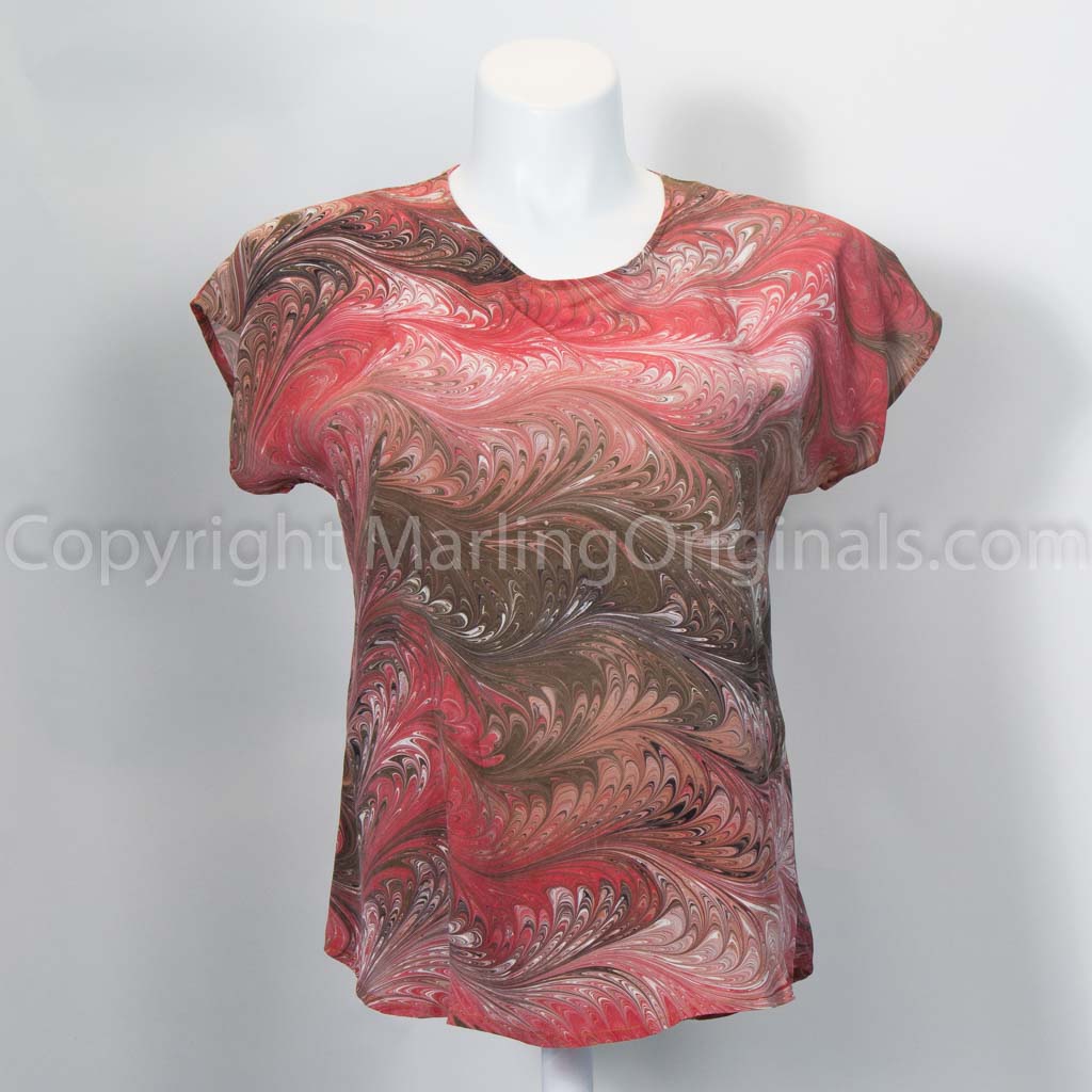 hand marbled silk top with round neck, short sleeves. Coral, salmon, brown, white
