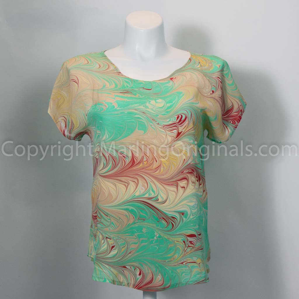 short sleeve marbled silk top in spring green, peach, gold, red