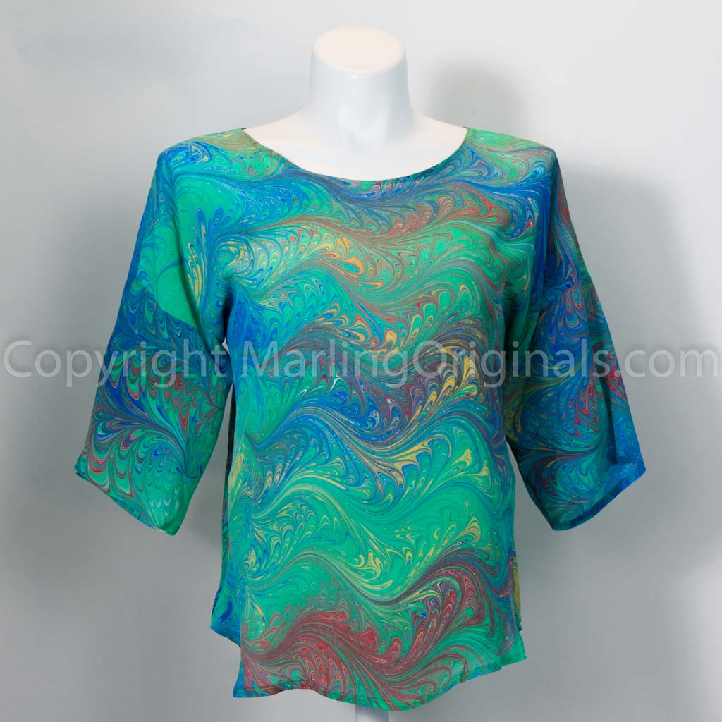 marbled silk top with round neck, half sleeves. Soft green, blue, red, yellow