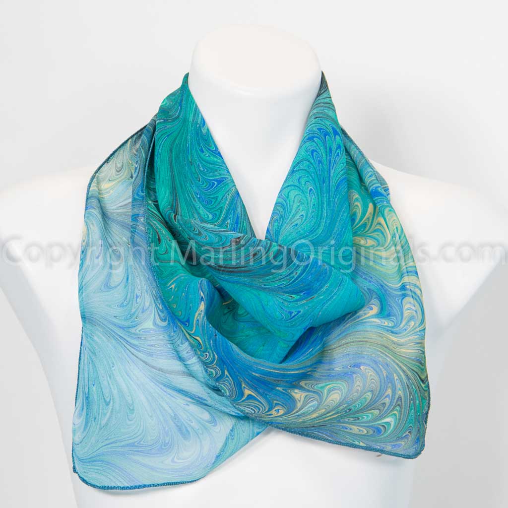 marbled silk chiffon scarf in blues greens with yellow