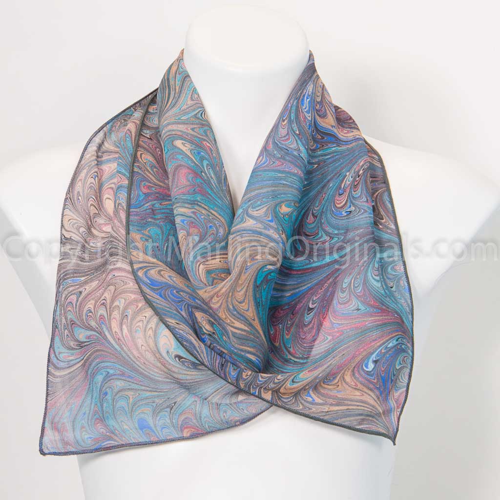 chiffon silk scarf rectangle with hand marbled design