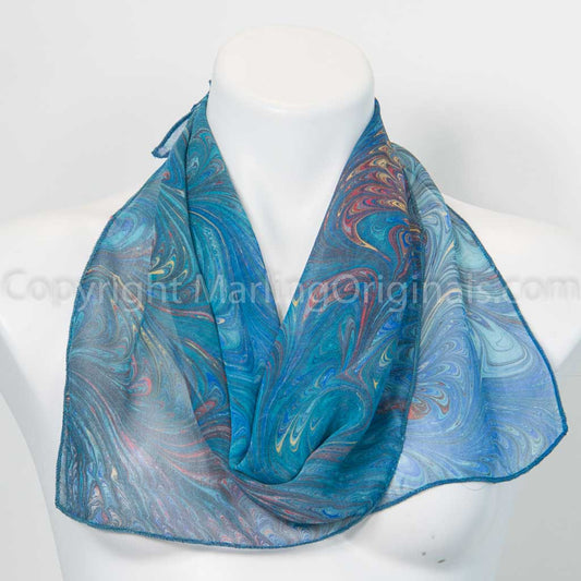 soft blues and green tones marbled silk scarf