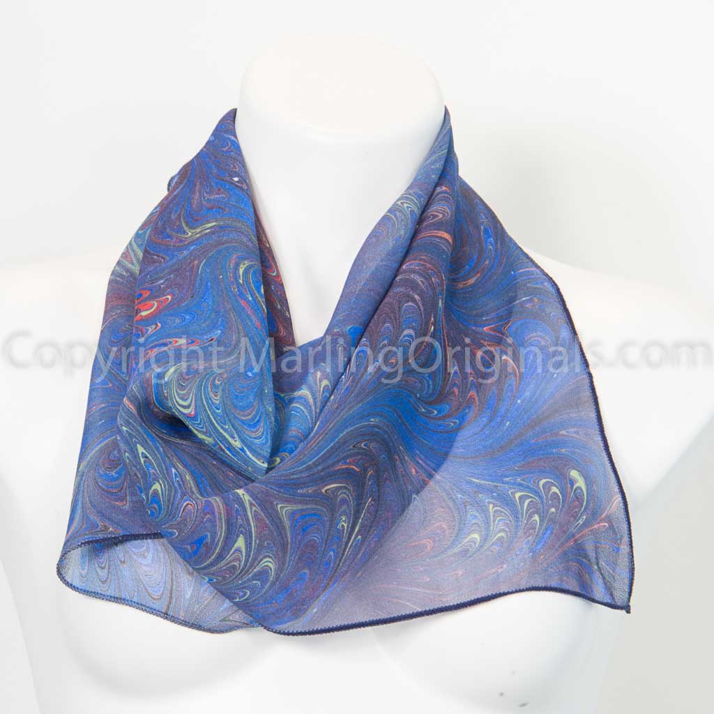 marbled chiffon silk scarf in blues