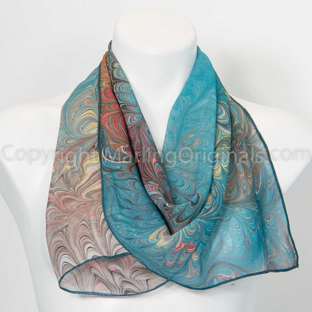 green and brown marbled pattern silk scarf