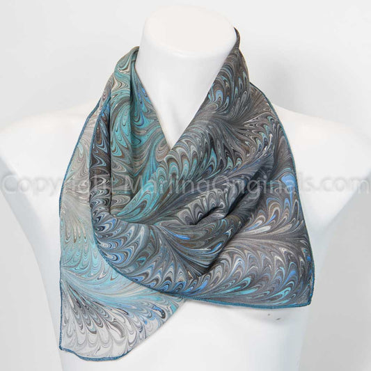 marbled aqua and brown small chiffon silk scarf