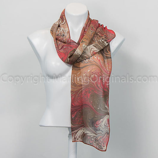 scarf marbled in coral, brown, sand and cream