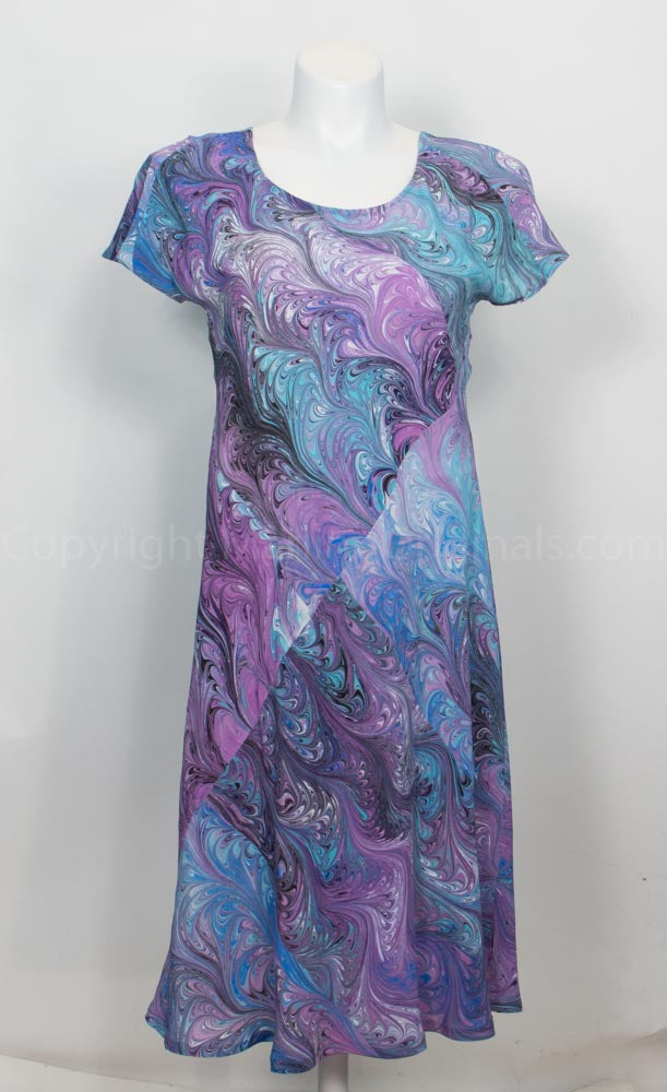 hand marbled dress for beach wedding attire in soft violet, blue, teal