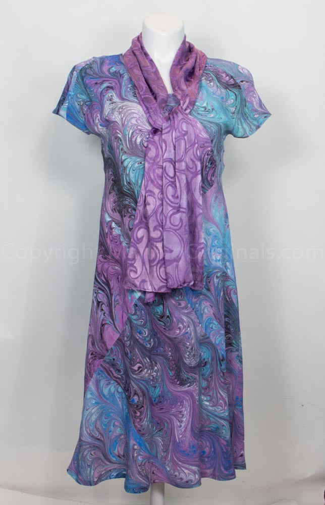 hand marbled dress for beach wedding attire shown with violet scarf