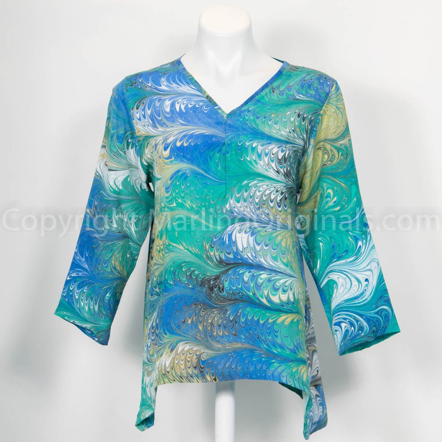 marbled silk tunic for women in green, blue, yellow, white. V neck. Long sleeves