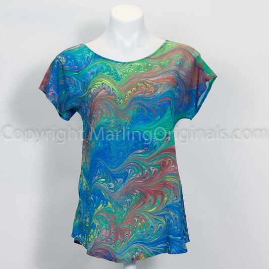 hand marbled short sleeve silk top in soft blue, green, yellow, red.
