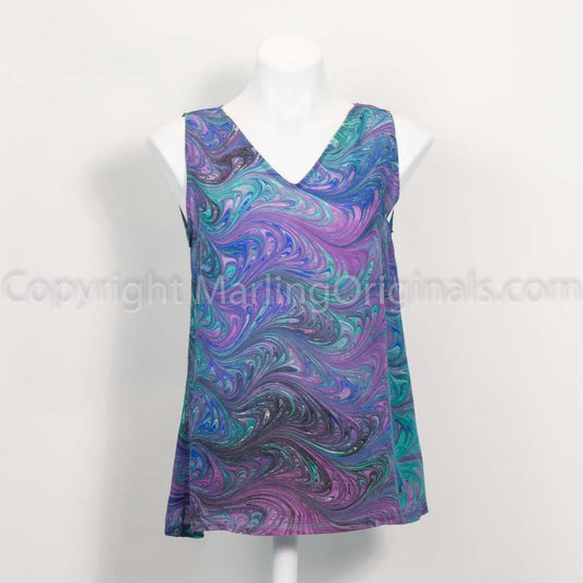 marbled silk top in deep blue, green and violet