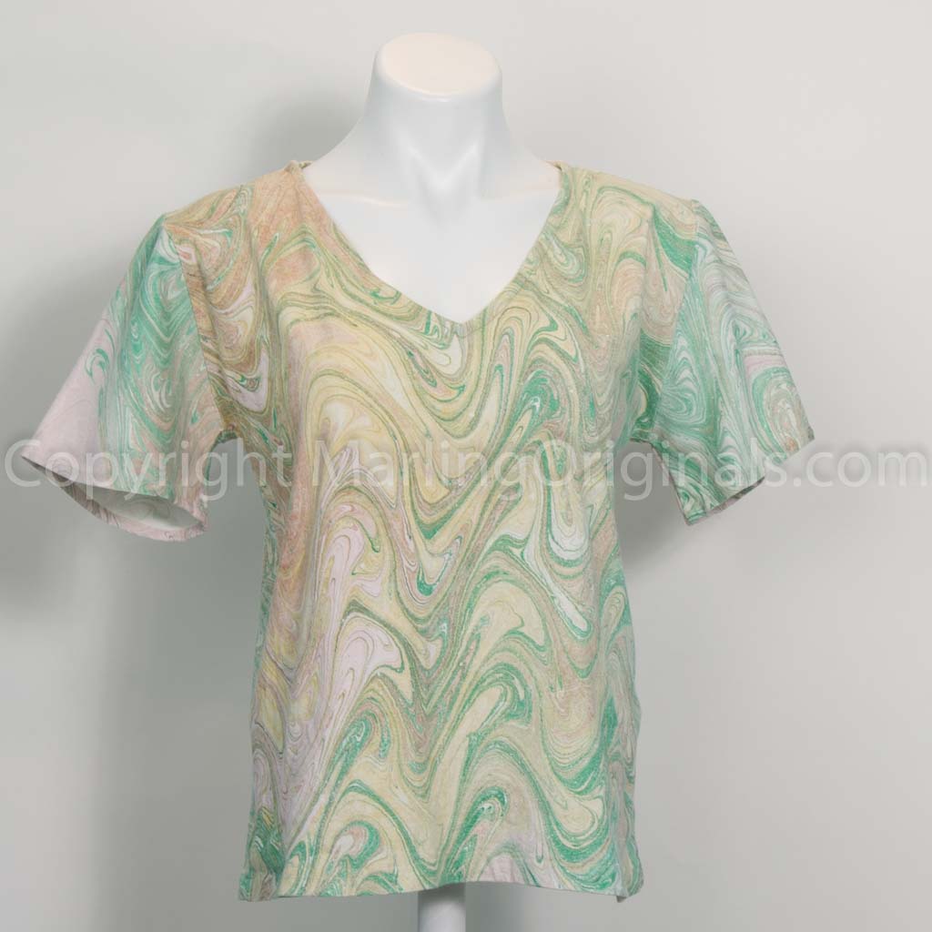 marbled cotton t in warm tones of soft green, pink, butter and sienna