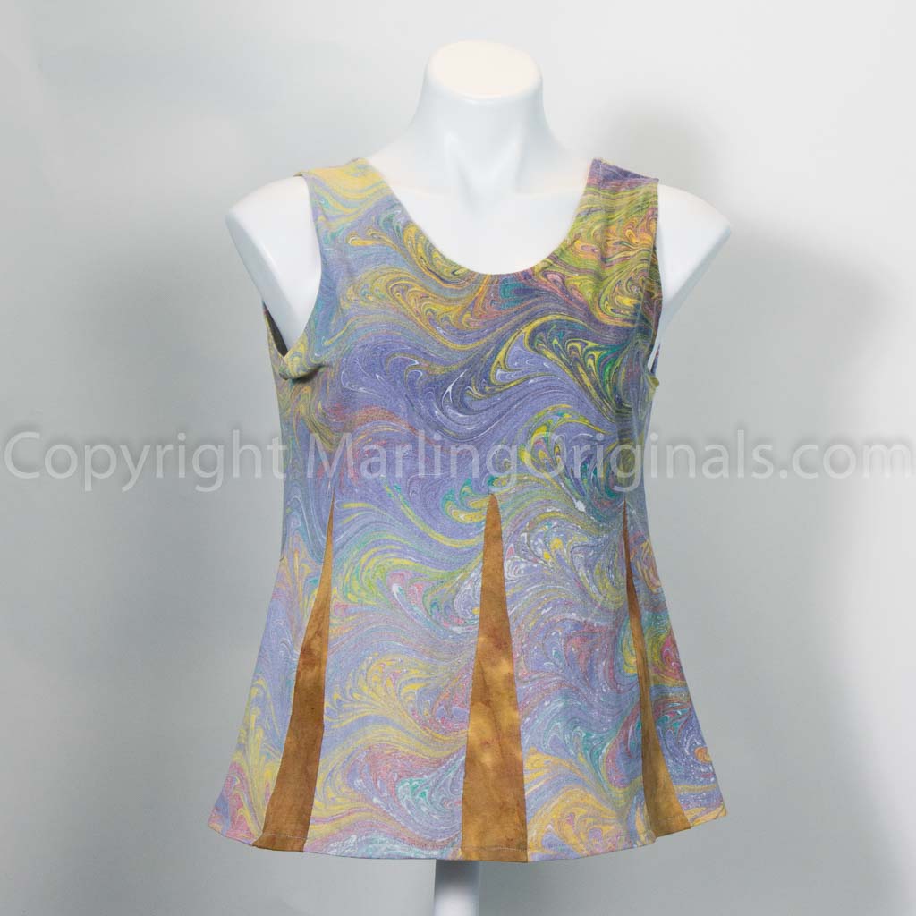 marbled cotton knit tank in soft grey tones with insets of dyed golden brown.
