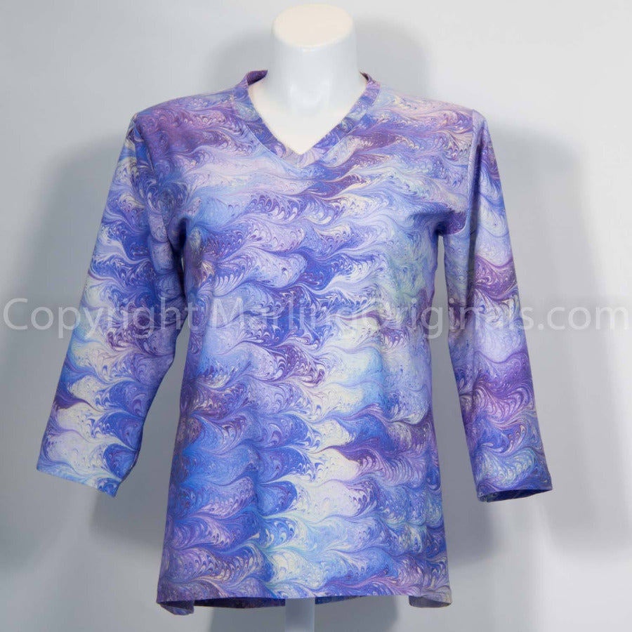 marbled cotton knit long sleeve t in lilac and blue shades.  V-neck and long sleeves.