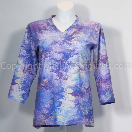 marbled cotton knit long sleeve t with v-neck in lavender, blue, pink, cream.