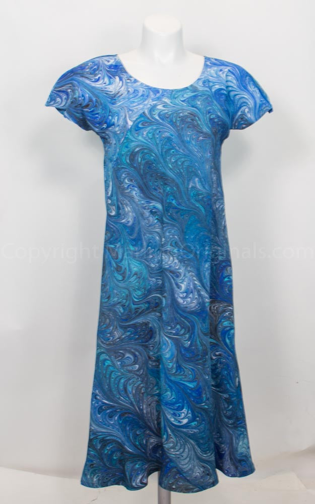 mother of the bride tea length dress in marbled blue pattern
