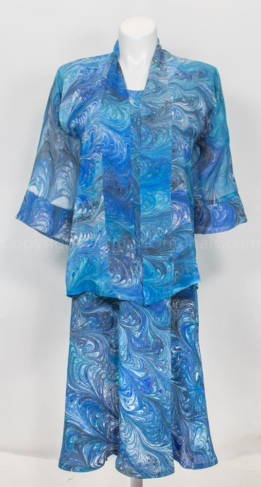 bias cut dress with kimono marbled blue pattern