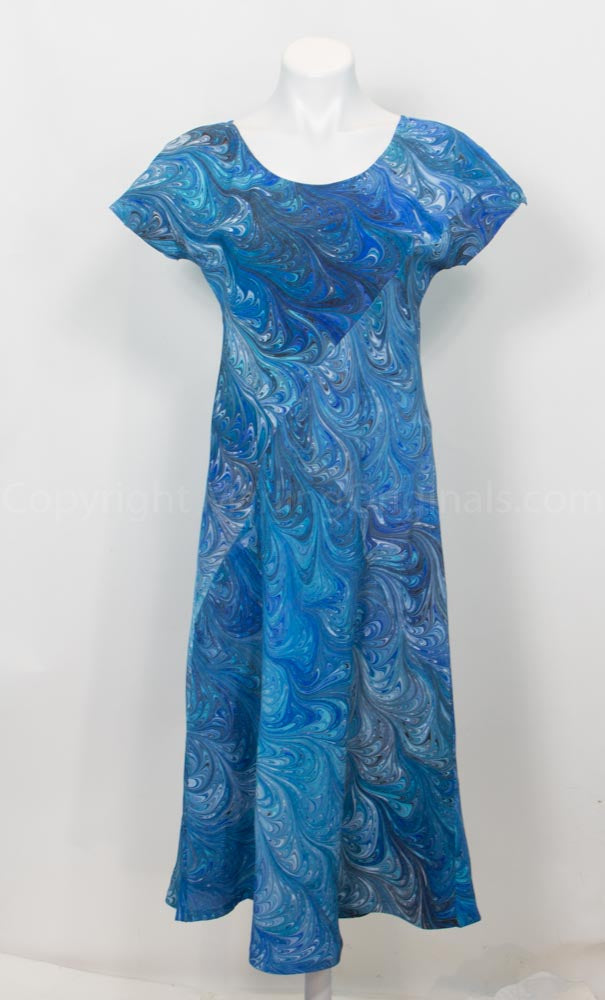 marbled evening elegant dress in blues and teals