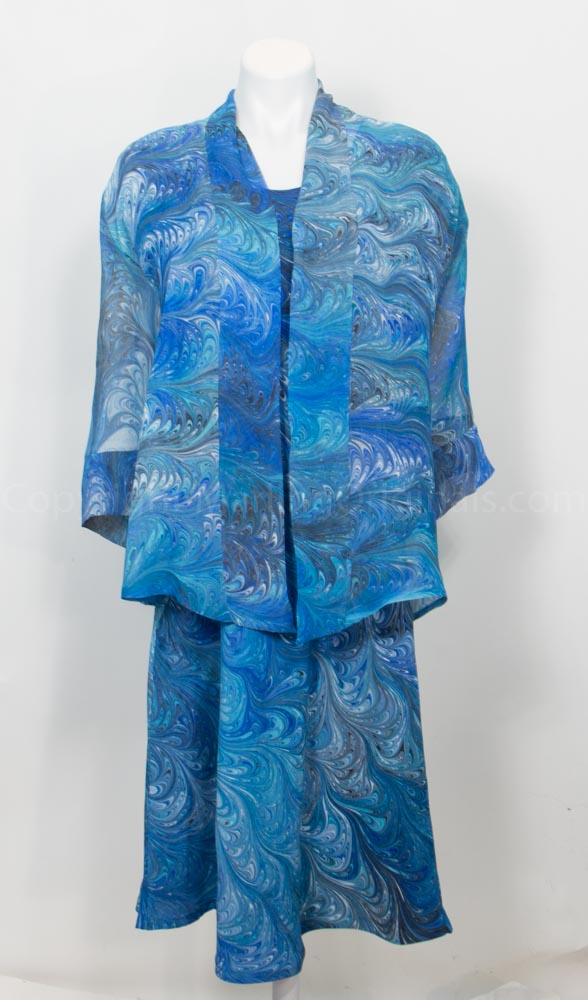 evening elegant dress with kimono jacket in marbled blues and teals