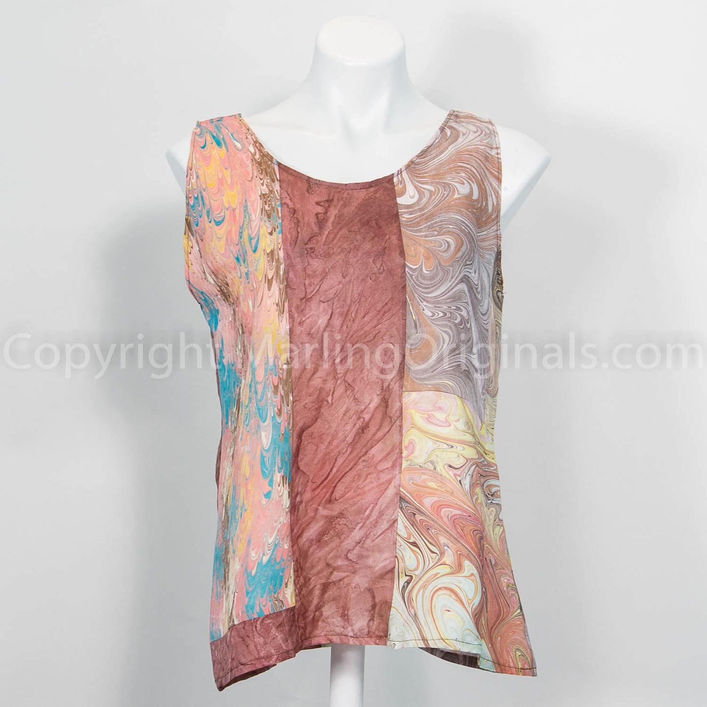 second side of hand marbled silk tank.  Collage piecework in rusts, tans, peach.  One of a kind.