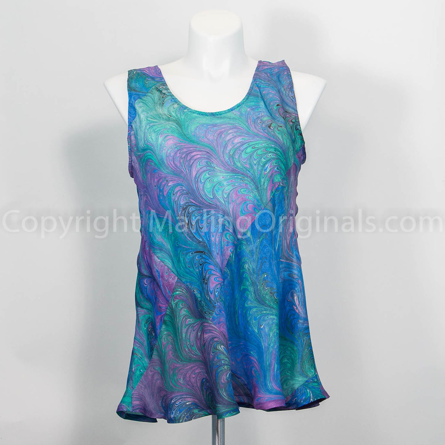 Marbled satin silk tank top in vivid blue, green, violet and black.  Flattering bias cut.