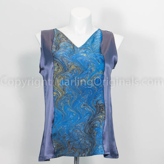 silk satin grey tank with marbled blue silk inset in front. 