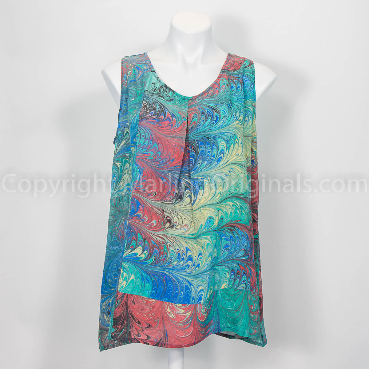 crepe silk tank top pieced with marbled fabric in shades of blue, green, red and yellow