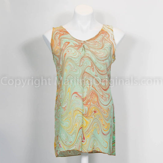 hand marbled silk tank in gold, soft green, coral tones
