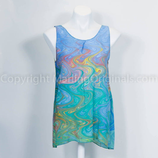 silk crepe marbled tank top in soft blue, green, red, yellow