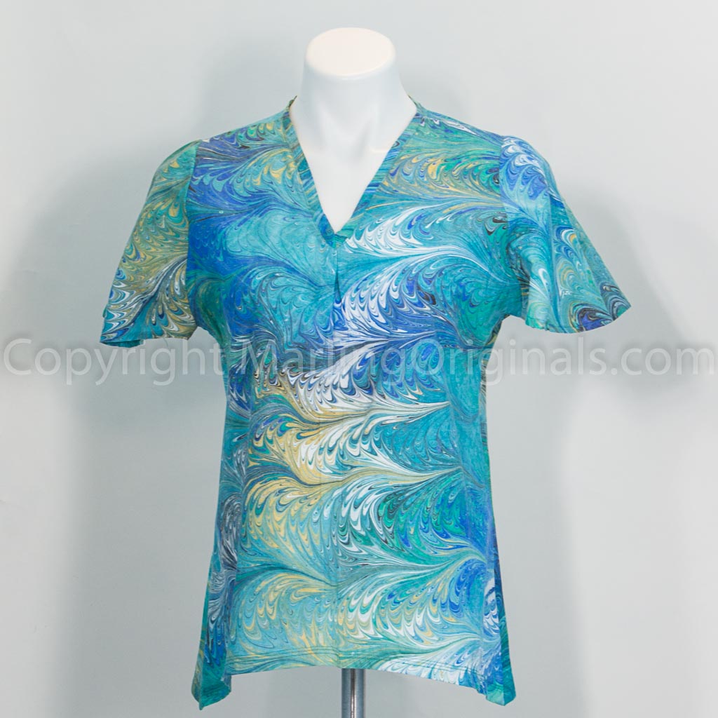cotton marbled top in greens and blue and yellow and white