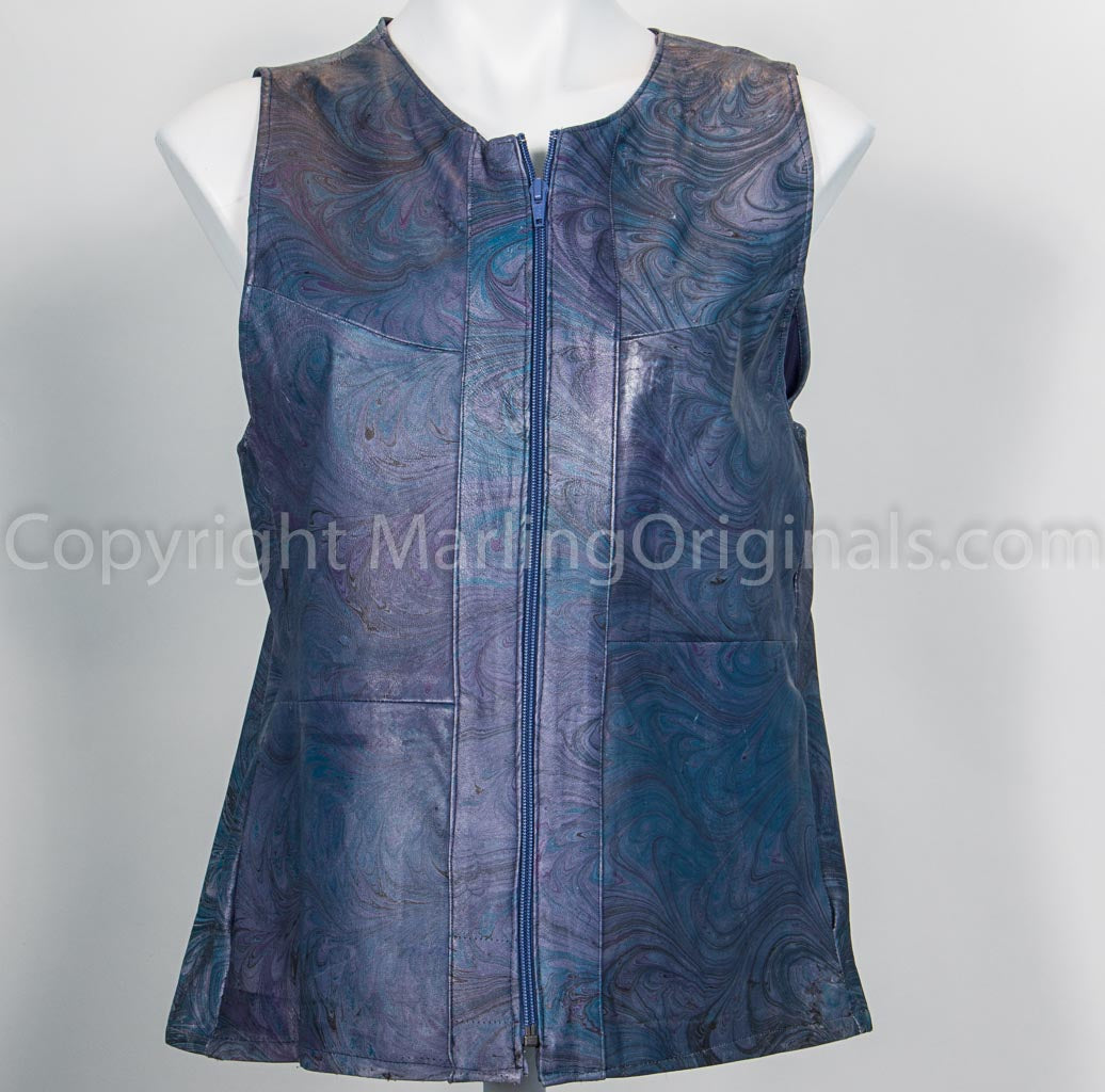 marbled leather vest in shades of blue and grey